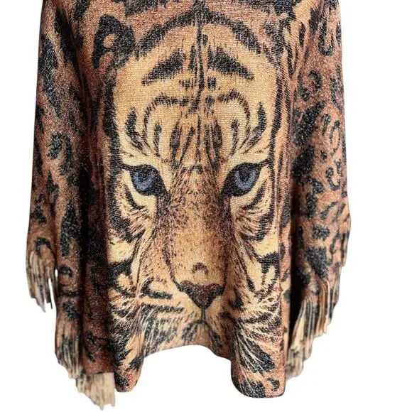 Women's Winter Tiger Print Shawl Poncho Shoulder Scarf Brown Shades One Size - Picture 2 of 6